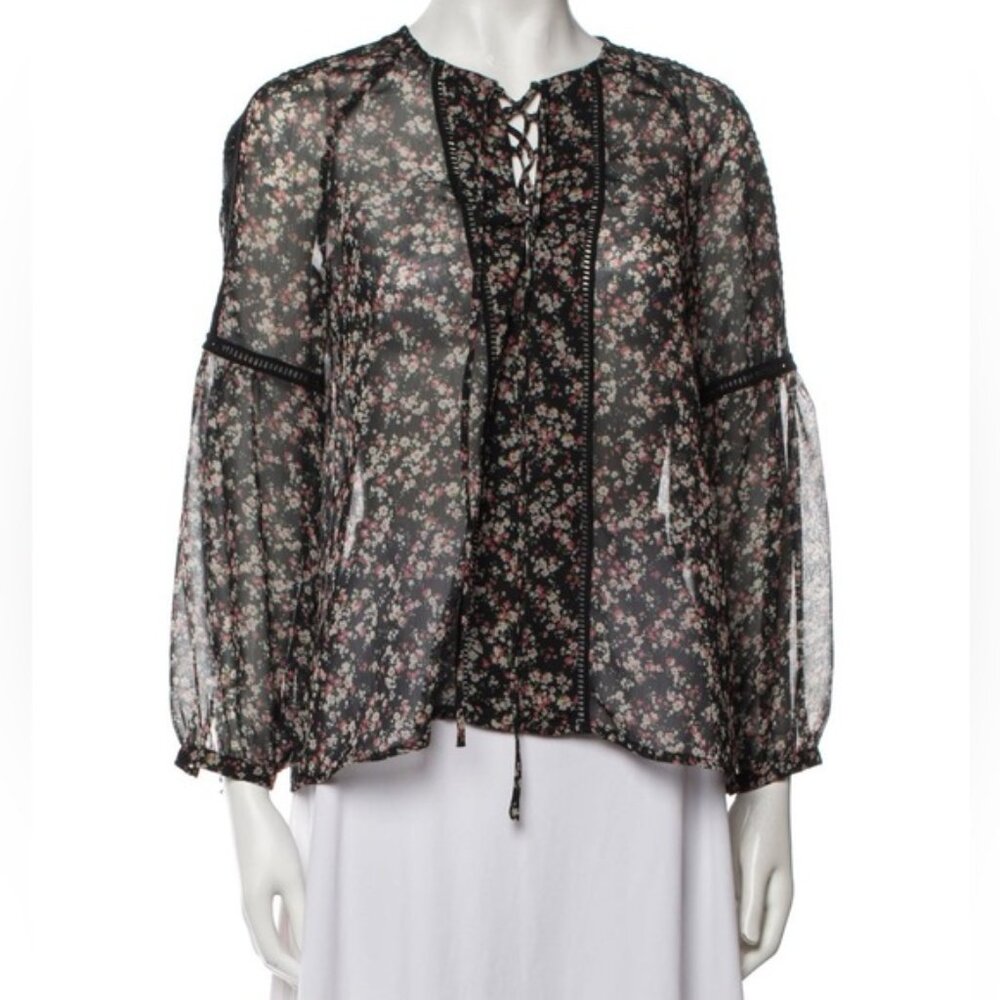 BARNEY’S NEW YORK Floral Print Tie Neck Blouse Sheer Lace FT1110 MEDIUM